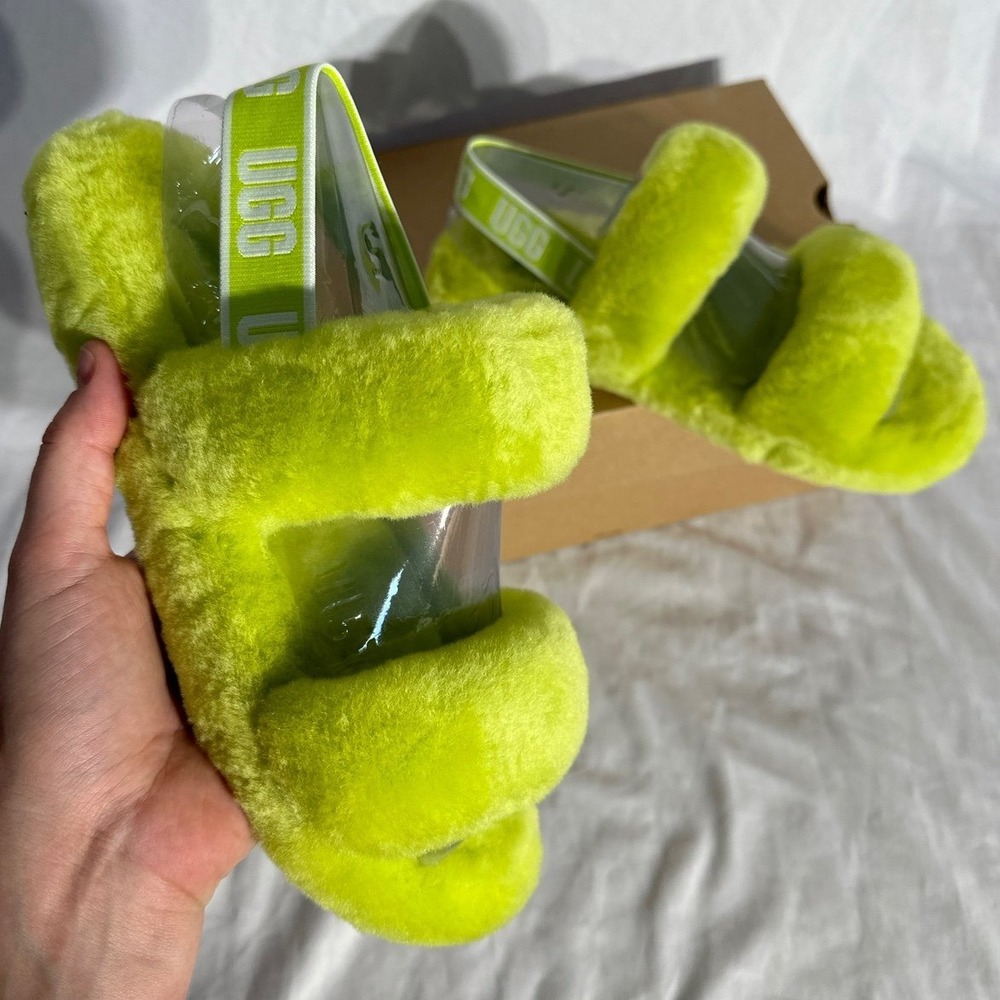 UGG Australia Oh Yeah Lime Green Fur Slides‎ New Womans 7.5